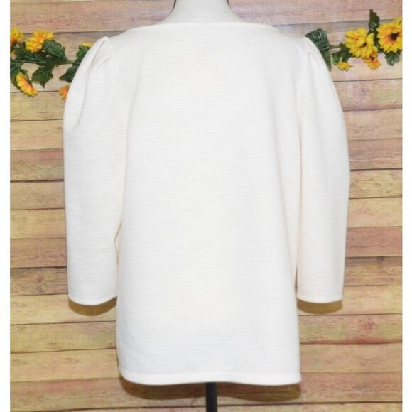 Worthington Ladies XL Neutral Cream Boxy Ribbed Blouse 3/4 Puff Sleeve Modest - Picture 6 of 9